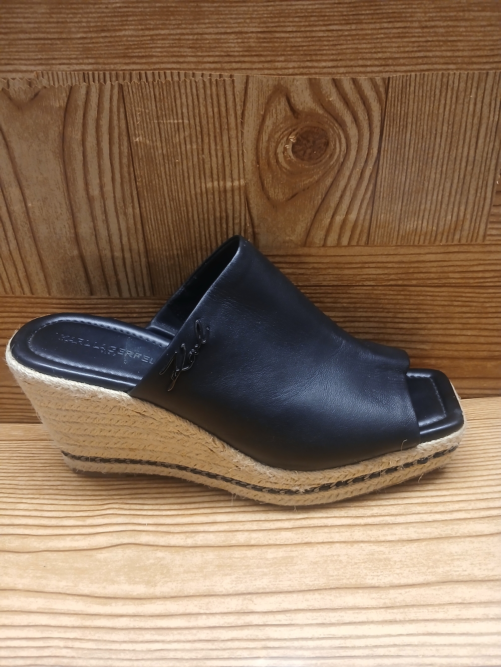 Karl Lagerfeld Black Leather Espadrille Wedge Mule